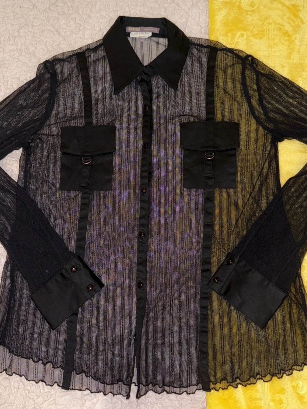 Hale Bob Sheer Black Striped Button-Down Shirt size L